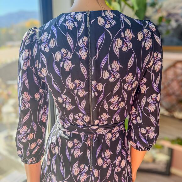 White House Black Market, Purple & Black Iris Floral Dress Tie Waist Women’s 00 - Picture 7 of 11